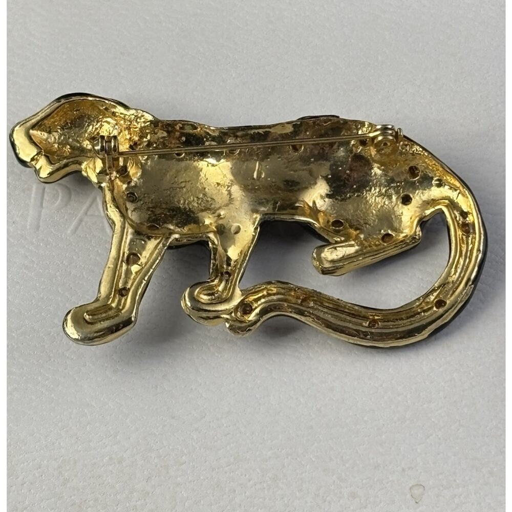 Vintage 1980’s BLACK Leopard Brooch Goldtone Enamel Rhinestone 2.5 Inches EUC - Picture 2 of 6
